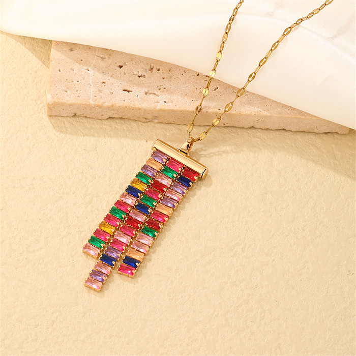 Elegant Rectangle Stainless Steel Copper Plating Inlay Zircon Gold Plated Pendant Necklace