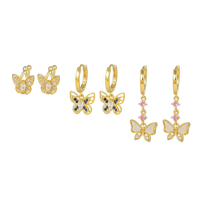 1 Set Casual Simple Style Butterfly Plating Inlay Brass Shell Zircon 18K Gold Plated Drop Earrings