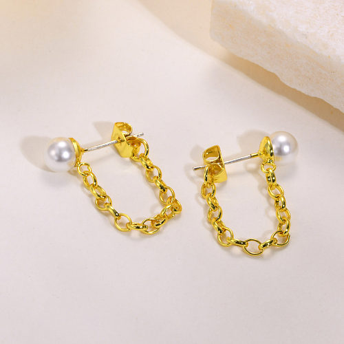 1 Pair Simple Style Round Inlay Brass Pearl Gold Plated Drop Earrings