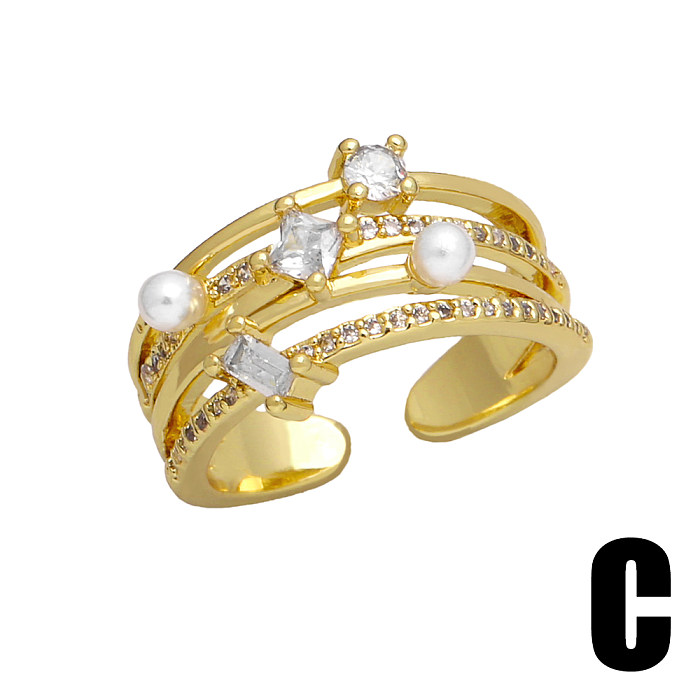 Glam coração forma retângulo chapeamento de cobre embutimento zircão anel aberto banhado a ouro 18K