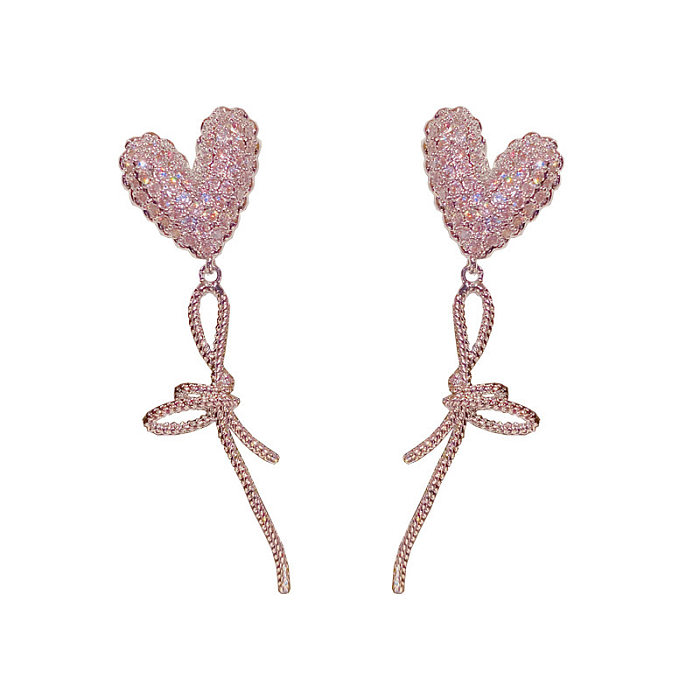 Fashion Heart Shape Bow Knot Copper Inlay Zircon Drop Earrings 1 Pair