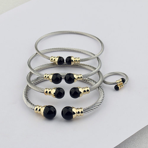 Pulseras de anillos de mujer con cuentas de vidrio con incrustaciones de cobre y acero inoxidable con bola de estilo simple