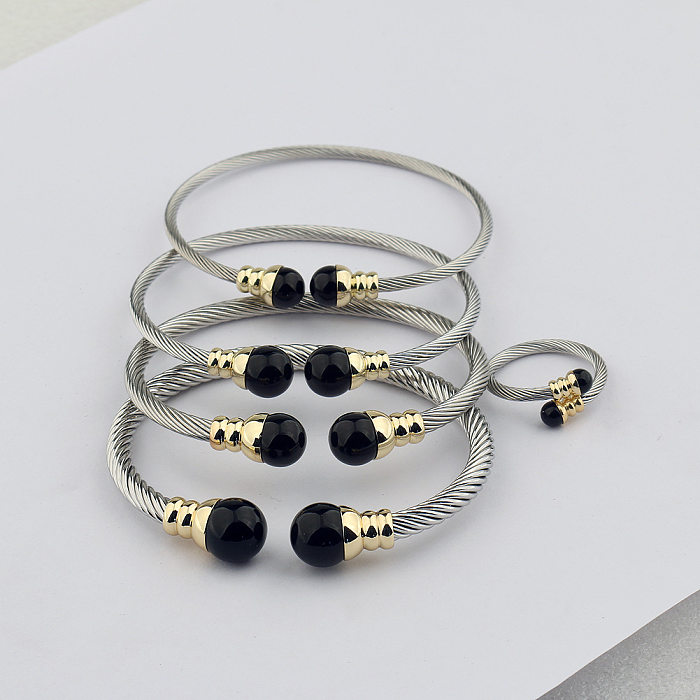 Pulseiras de anéis femininos com contas de vidro embutidas de cobre de aço inoxidável com bola de estilo simples
