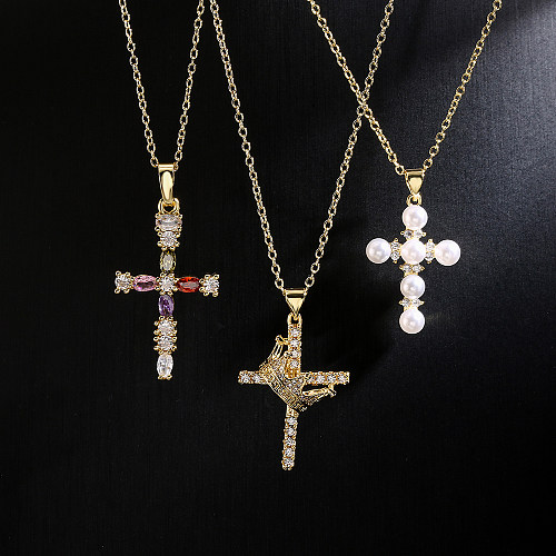 Mode Schlüsselbeinkette Kupfer 18K Gold Zirkon Perlen Kreuz Anhänger Halskette