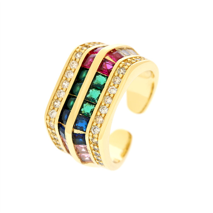 Vintage Style Colorful Copper Plating Inlay Zircon 18K Gold Plated Open Rings