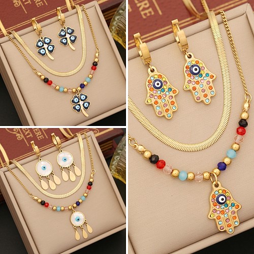 Casual Bohemian Palm Eye Stainless Steel Enamel Plating Inlay Artificial Crystal Earrings Necklace