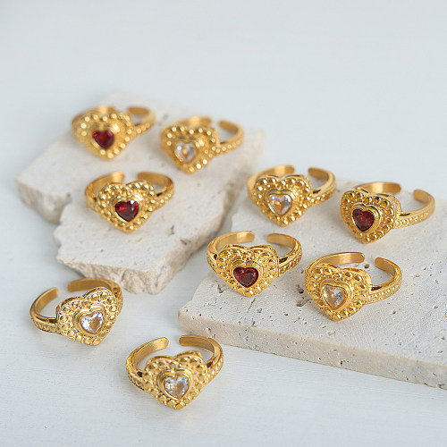 Elegante e luxuoso formato de coração titânio chapeamento de aço incrustado zircão 18K anéis abertos banhados a ouro