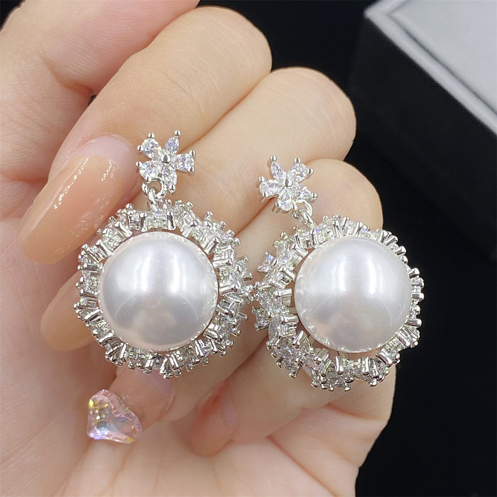 Elegant Flower Copper Plating Inlay Pearl Zircon Rings Earrings Necklace