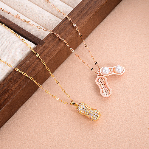 Simple Style Peanut Copper 18K Gold Plated Pearl Zircon Pendant Necklace In Bulk