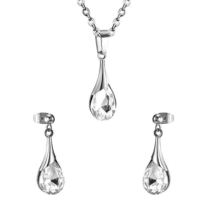 Fashion Water Droplets Stainless Steel Plating Zircon Earrings Necklace 1 Set