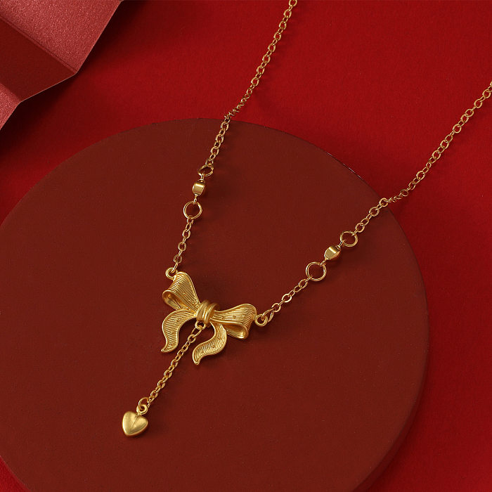 IG Style Princess Heart Shape Bow Knot Copper Plating 18K Gold Plated Pendant Necklace