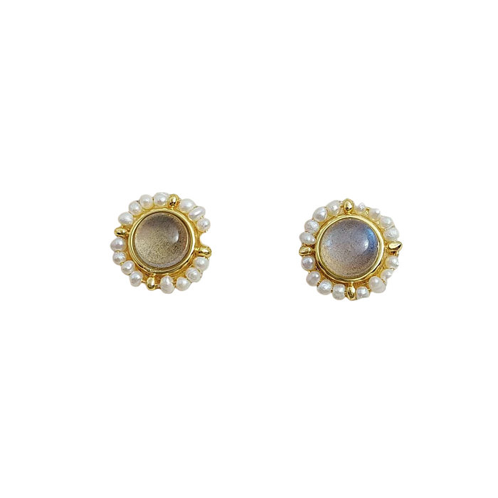 1 Pair Retro Round Inlay Copper Pearl Ear Studs