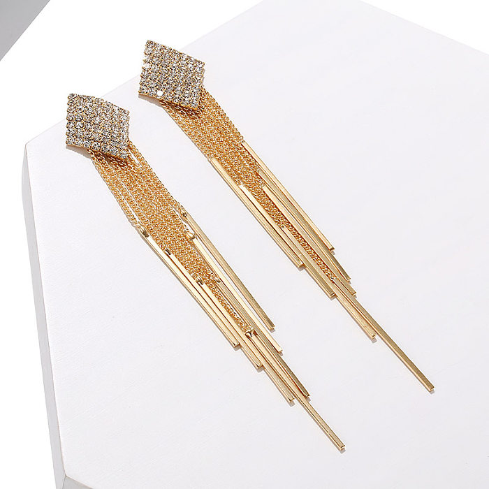 Fashion Rhombus Rectangle Copper Tassel Inlay Rhinestones Drop Earrings 1 Pair
