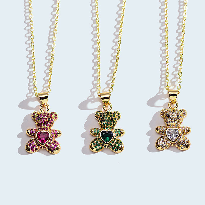 IG Style Little Bear Heart Shape Alloy Copper Inlay Zircon Pendant Necklace