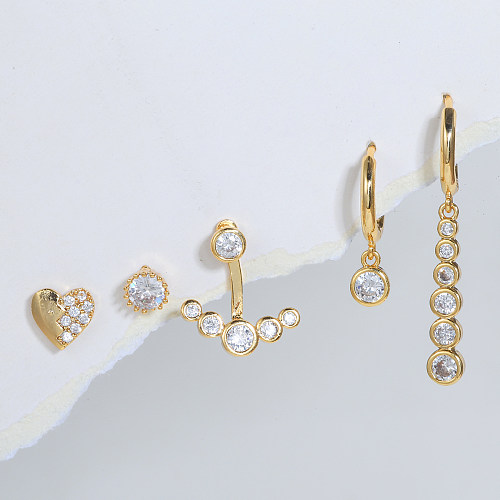 Moda redonda formato de coração seta cobre banhado a ouro brincos de zircônia conjunto de 5 peças