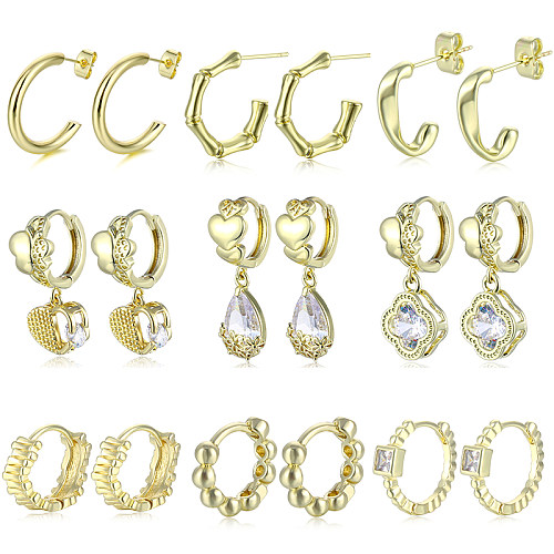 1 Paar coole Ohrringe mit glänzendem C-förmigem Kreis, Wassertropfen, Kupferlegierung, Messingbeschichtung, Inlay, Zirkon, Weißgold, platiniert, versilbert