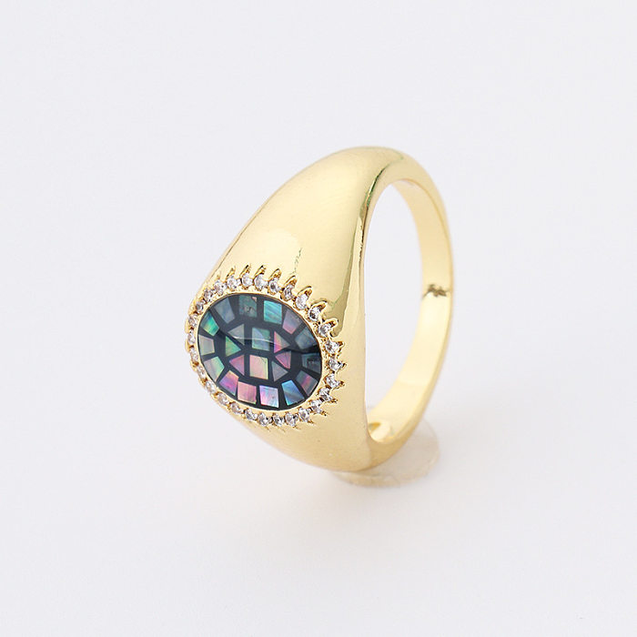 Casual Retro Colorful Oval Copper Plating Inlay Shell 18K Gold Plated Rings