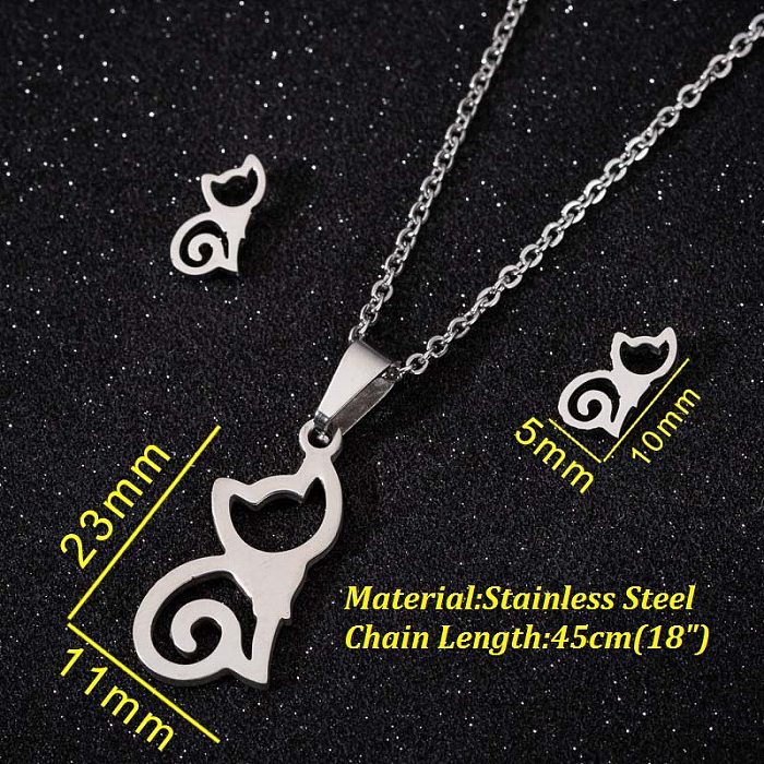 Fashion Cat Stainless Steel Plating Earrings Necklace 1 Set