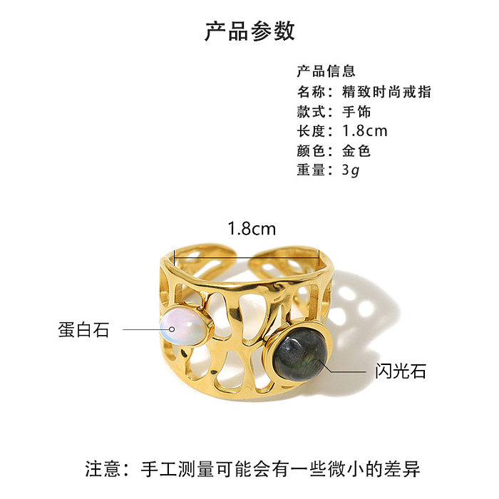 IG Style Vacation French Style Geometric Solid Color Stainless Steel Titanium Steel Plating Inlay Natural Stone Opal 18K Gold Plated Open Rings