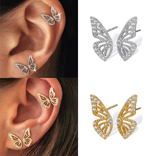 1 paire de clous d'oreilles élégants, Style Simple et doux, incrustation de placage papillon en cuivre et Zircon plaqué or 24 carats