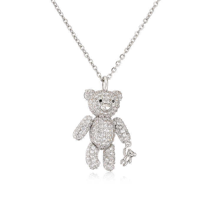 Collier en cuivre avec ours en diamant, Micro incrusté de Zircon, ours mignon avec petit ours, pendentif