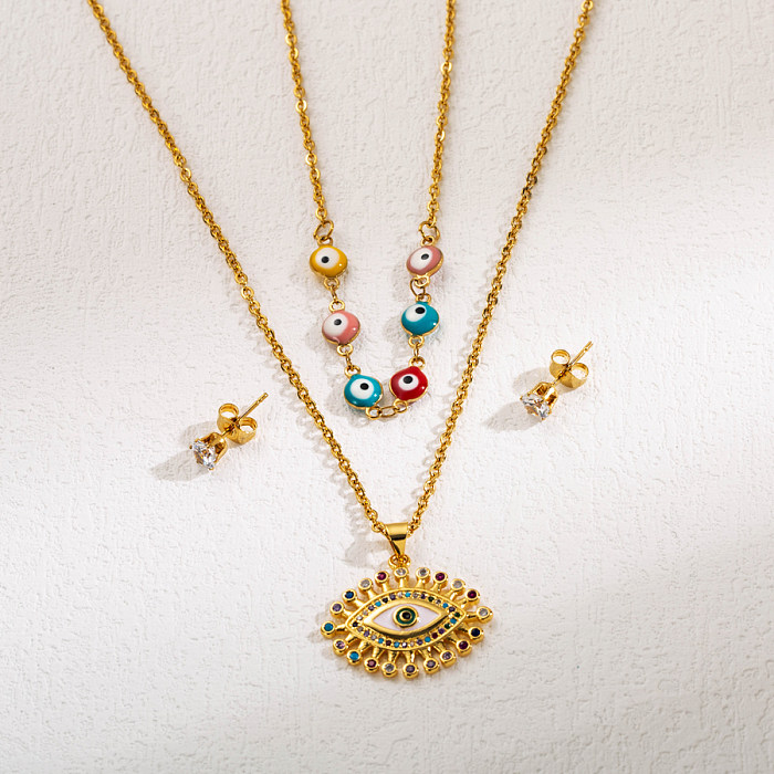 Wholesale INS Style Devil'S Eye Moon Heart Shape Stainless Steel Gold Plated Zircon Earrings Necklace