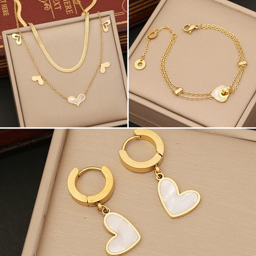 Fashion Heart Shape Stainless Steel Plating Hollow Out Inlay Shell Bracelets Earrings Necklace