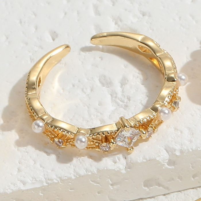 Elegante luxuoso estilo clássico lua forma de coração pérola de água doce cobre criss cruz chapeamento incrustação zircão 14k anéis banhados a ouro