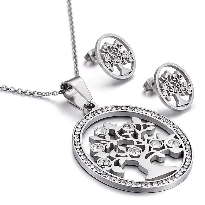 Nuevo conjunto de collar y pendientes, anillo redondo, círculo completo, conjunto de joyería de acero inoxidable con incrustaciones de diamantes y árbol de circón