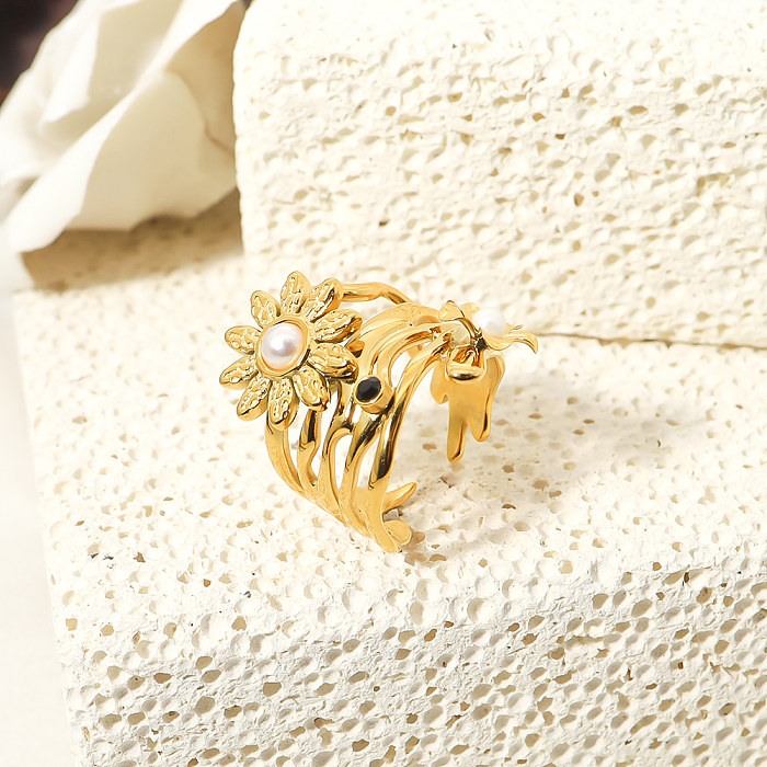 Vintage Style Flower Titanium Steel Plating Inlay Pearl 18K Gold Plated Wide Band Ring