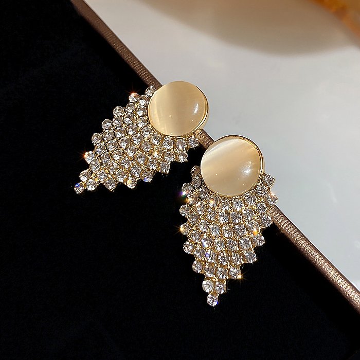 1 Pair Simple Style Shiny Oval Plating Inlay Copper Rhinestones Opal 14K Gold Plated Drop Earrings