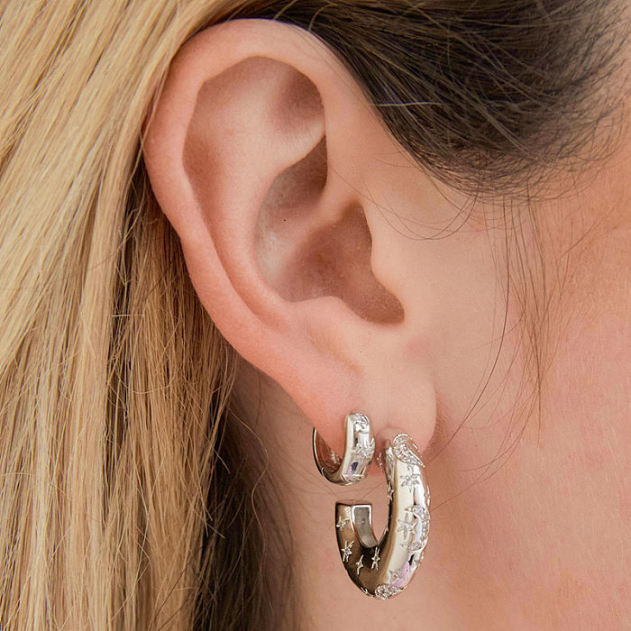 Fashion C Shape Star Copper Ear Studs Gold Plated Rhinestones Copper Earrings