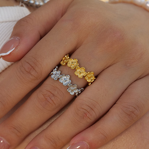 Anéis abertos banhados a ouro 18K de aço inoxidável da flor simples do estilo
