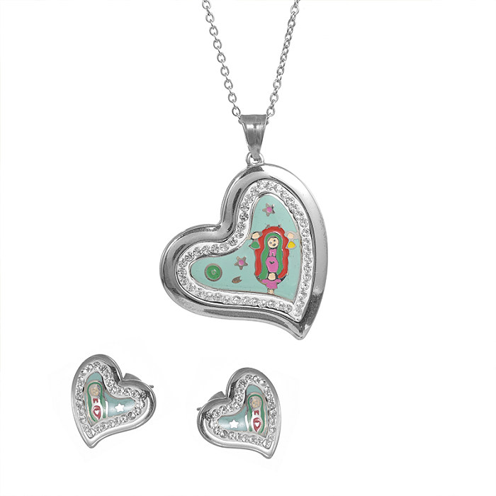 Glam Artistic Color Block Heart Shape Stainless Steel Enamel Inlay Zircon Gold Plated Earrings Necklace
