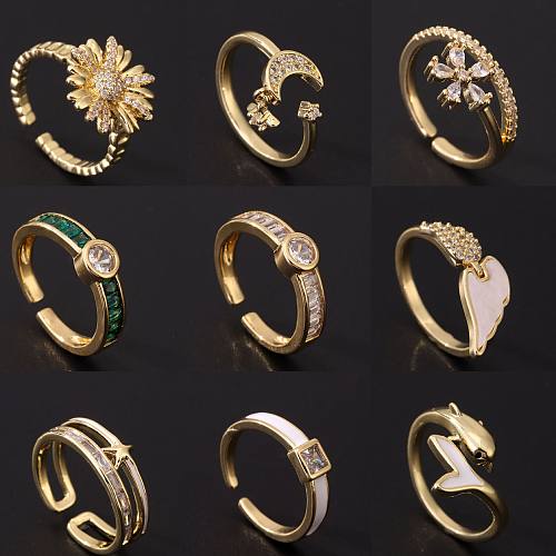 Vintage Style Moon Heart Shape Daisy Copper Plating Inlay Zircon 18K Gold Plated Open Rings