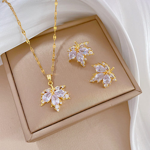 Elegant Simple Style Classic Style Maple Leaf Titanium Steel Copper Inlay Artificial Gemstones Gold Plated Earrings Necklace