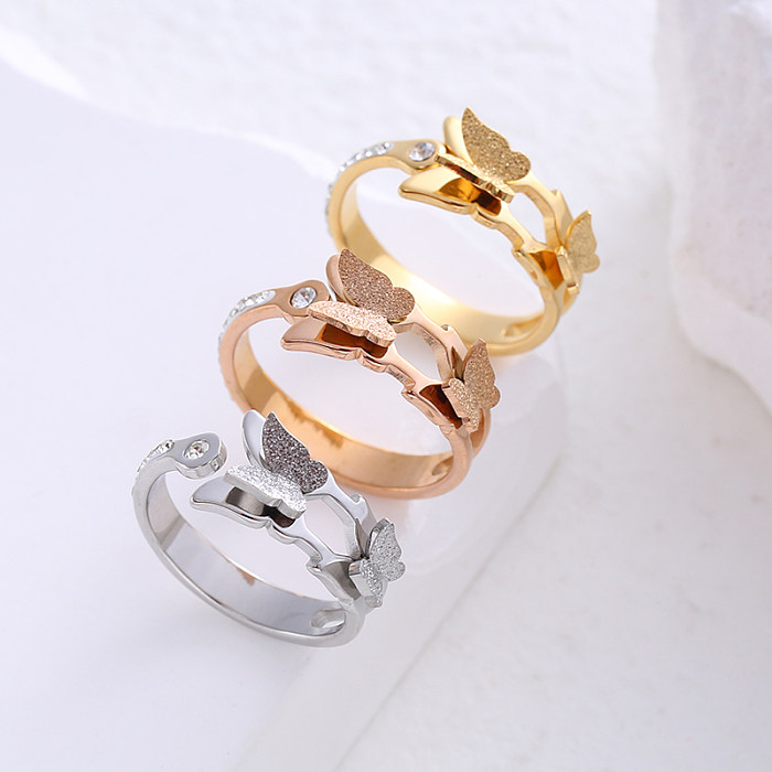 Elegant Shiny Butterfly Stainless Steel Plating Inlay Zircon 18K Gold Plated Open Ring