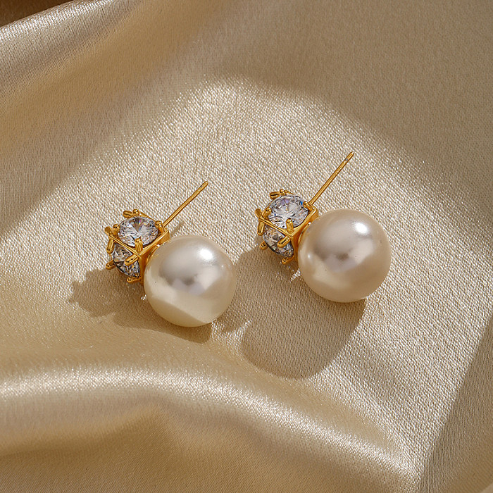 1 Pair IG Style Ball Plating Inlay Copper Freshwater Pearl Zircon 18K Gold Plated Ear Studs