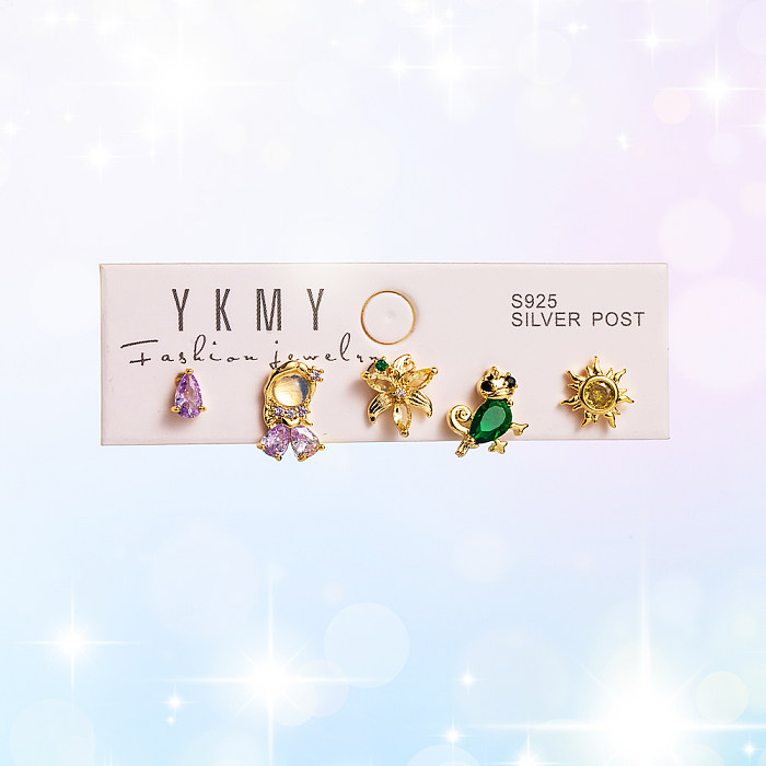 1 conjunto estilo IG Yakemiyou doce princesa castelo flor assimétrica cobre zircão 14K brincos banhados a ouro