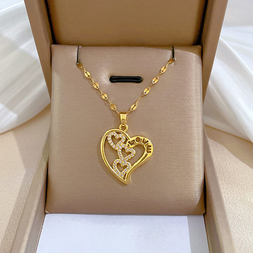 Fashion Heart Shape Titanium Steel Copper Plating Hollow Out Inlay Zircon Pendant Necklace