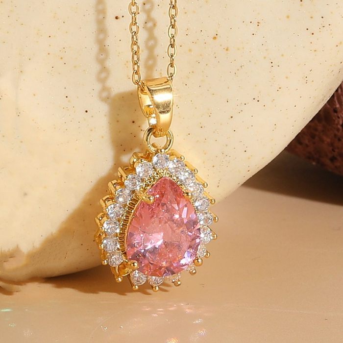 Elegant Luxurious Classic Style Water Droplets Copper Plating Inlay Zircon 14K Gold Plated Pendant Necklace