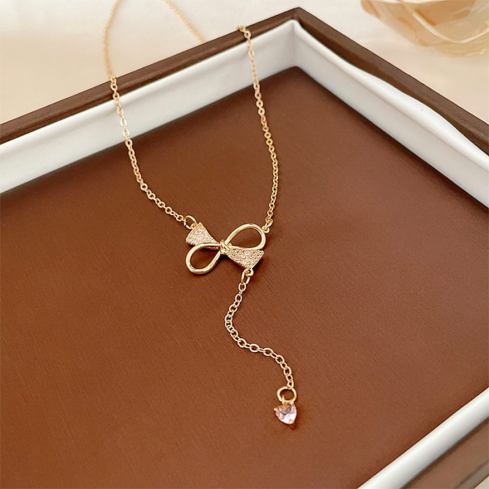 Elegant Heart Shape Bow Knot Copper Inlay Zircon Pendant Necklace