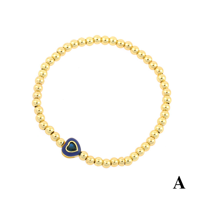 Retro Simple Style Round Heart Shape Copper Enamel Plating Inlay Zircon 18K Gold Plated Bracelets
