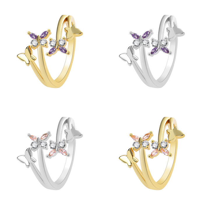 Simple Style Butterfly Copper Plating Inlay Artificial Gemstones Open Ring