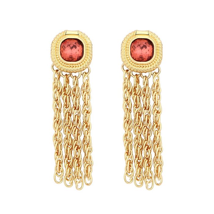 Boucles d'oreilles pendantes en cuivre plaqué or, 1 paire, Style Vintage, pampilles rondes, incrustation de pierres précieuses