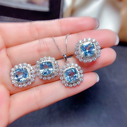 Collier de luxe en cuivre incrusté de Zircon coloré, boucles d'oreilles bleu mer, bague