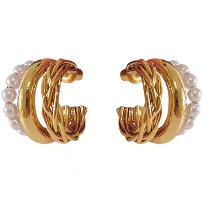 1 Paar Damen-Ohrstecker in C-Form mit Inlay aus Kupfer und künstlichen Perlen