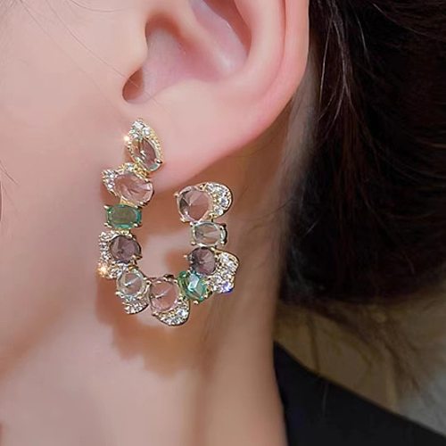 1 Pair Sweet U Shape Oval Inlay Copper Zircon Earrings