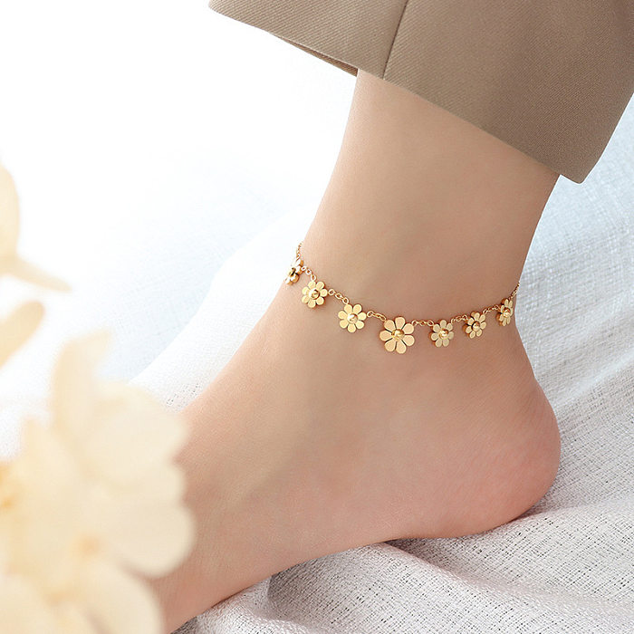 Schlichter Stil, einfarbige Fußkettchen-Halskette mit Blumen-Titan-Stahlbeschichtung, vergoldet