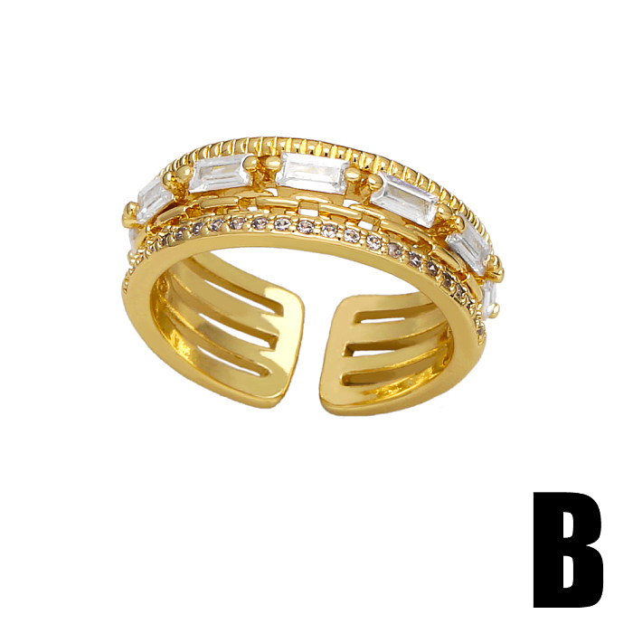 Glam brilhante geométrico formato de coração revestimento de cobre incrustado zircão anéis abertos banhados a ouro 18K